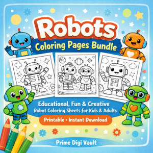 Cute Robots Coloring Pages Bundle for Kids & Adults (Printable Images)