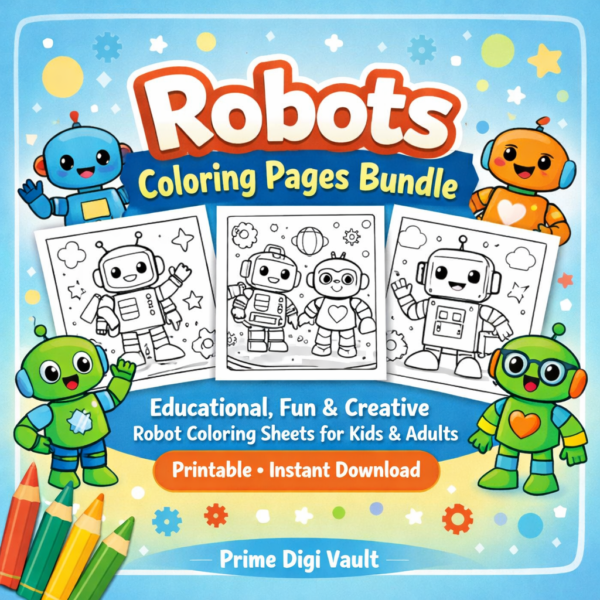 Cute Robots Coloring Pages Bundle for Kids & Adults (Printable Images)